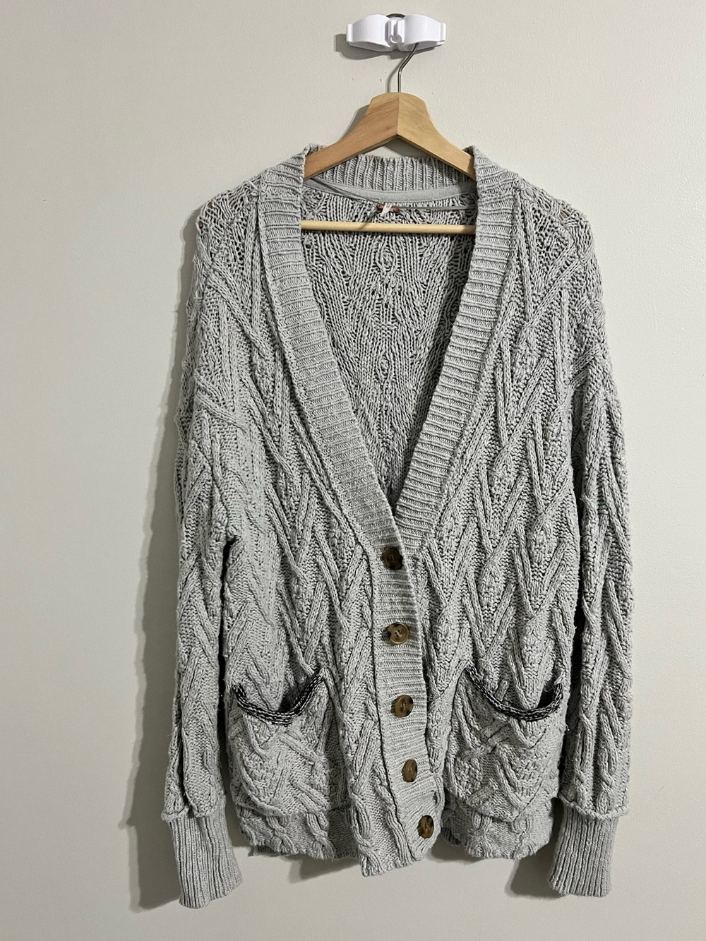 Free People Gray Cable Knit Button Front Cardigan | Size Sg